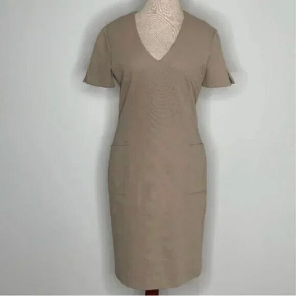 Daks London Tan V-Neck Short Sleeve 2 Front Pockets Sheath Dress Size 8 - Picture 1 of 10